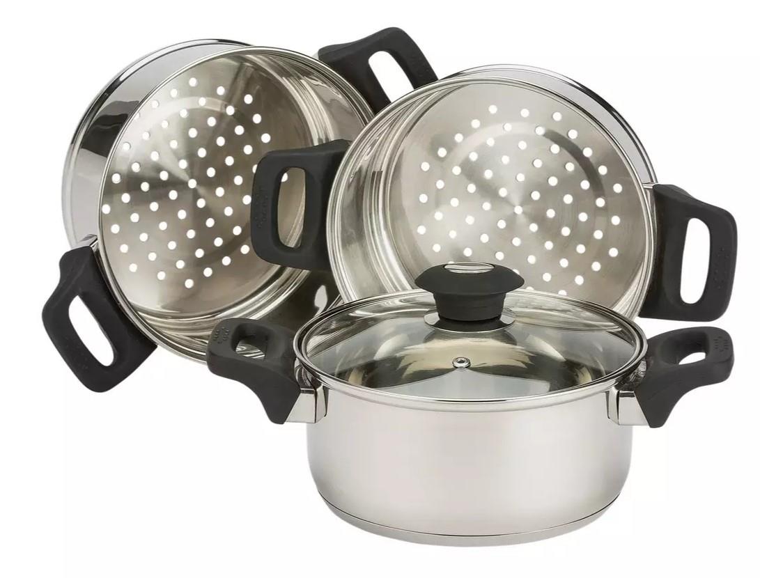 Russell Hobbs Steamer 3 Tier Stainless Steel Lids Kitchen all hobs Sauce pan