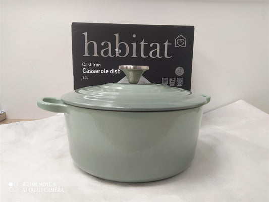 Habitat 3.3 Litre Cast Iron Casserole Dish Pot Lid  all Hobs Enamel Coated Green