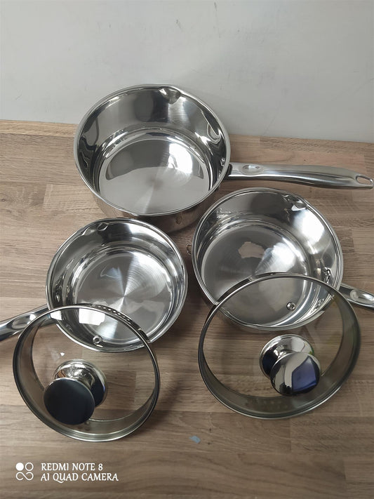 Russell Hobbs Sauce Pan Set 3 Piece Stainless Steel milk fry kitchen Glass lids