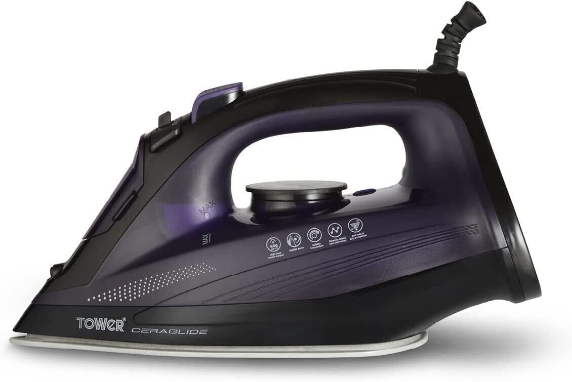 Tower Steam iron 2600W CeraGlide Ceramic Soleplate Ultra speed Water cup Purple