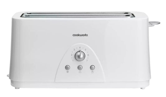 Cookworks Toaster Long Slot 4 Slice Extra wide Slots Bagel Defrost White