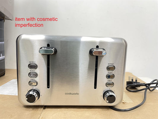 Cookworks 4 Slice Toaster Brushed Stainless Steel Defrost Reheat Cancel 1600W