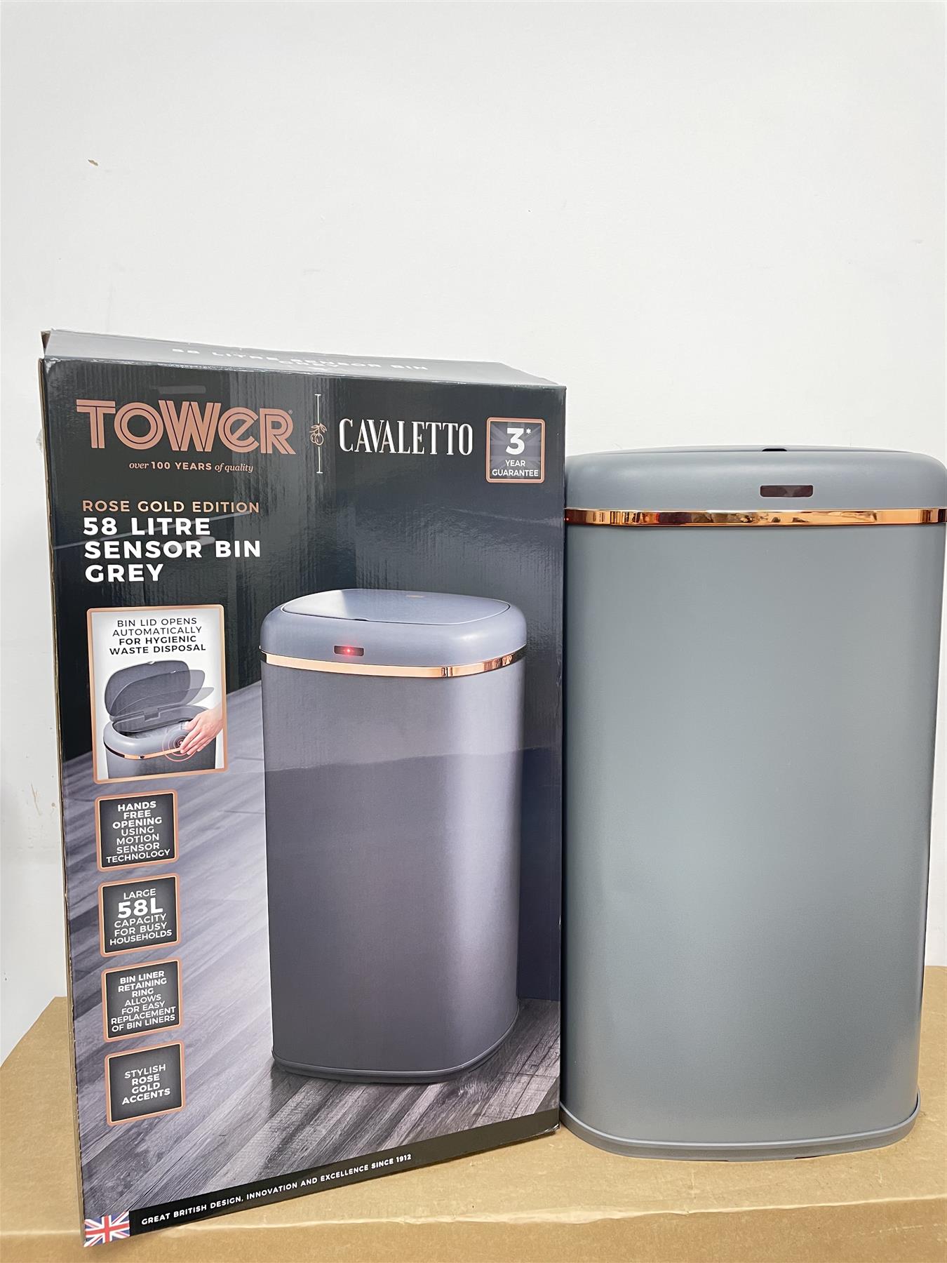 Tower Cavaletto 58L Sensor Bin Grey/Rose Gold Household Bin Auto Lid