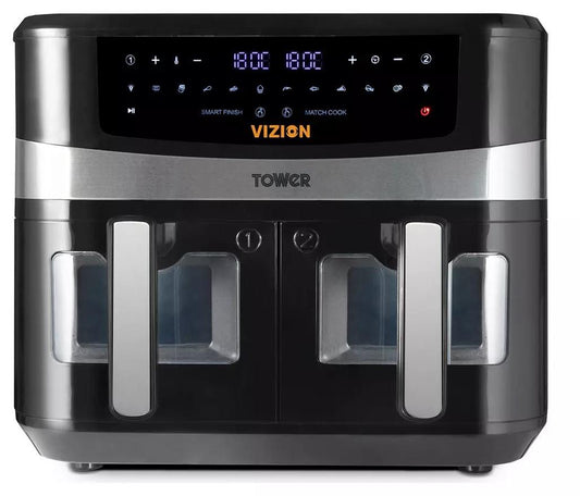 Tower T17100 Vortx Vizion Dual Basket 9L Air Fryer Double Clear Look View Black