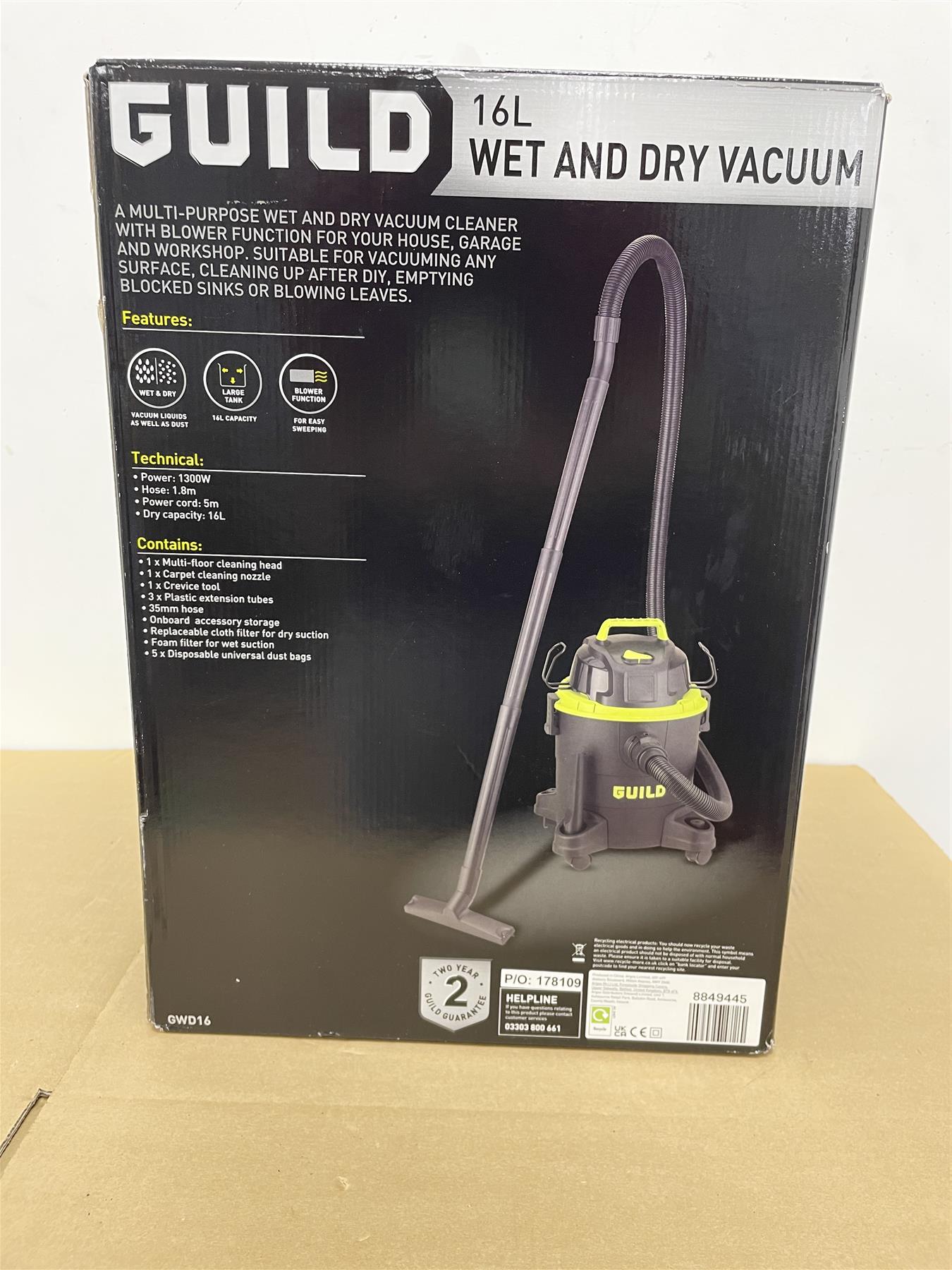 Guild 16 Litre Wet and Dry Vacuum Cleaner - 1300W- 3 Dust Bags Included