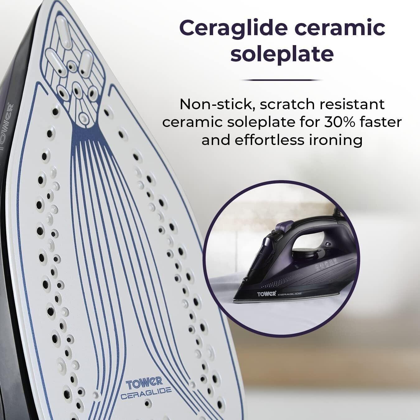 Tower Steam iron 2600W CeraGlide Ceramic Soleplate Ultra speed Water cup Purple