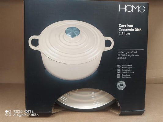 Home Cast Iron Casserole Dish 3.3 Litre Cream Round pot with Lid all Hobs