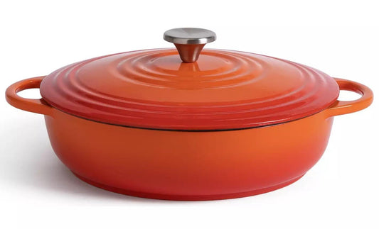 Habitat 4 Litre Cast Iron Shallow Casserole Dish Lid Kitchen oven enamel Orange