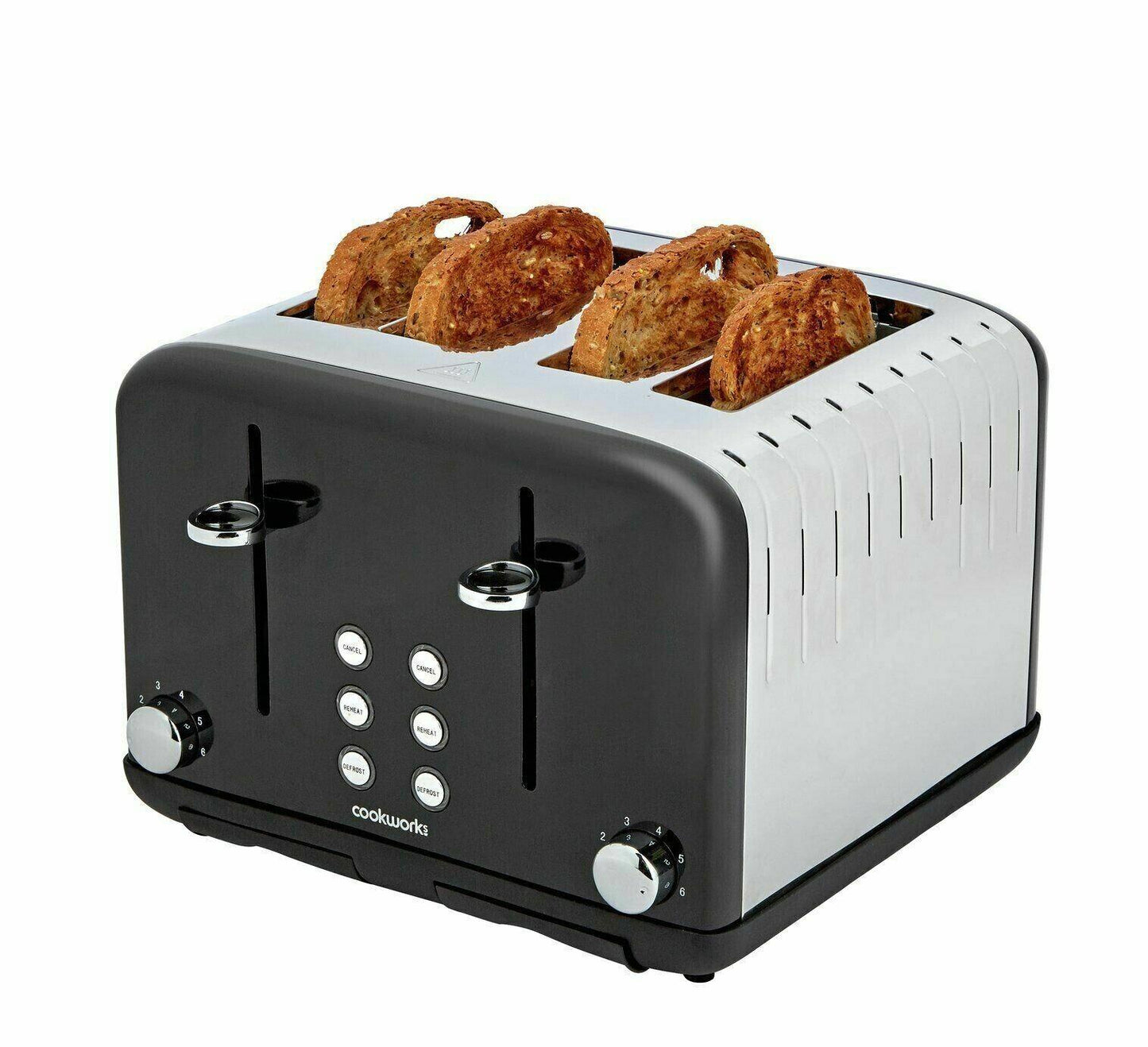 Cookworks Pyramid Toaster 4 Slice Extra Wide Slots Defrost 6 Settlings Black