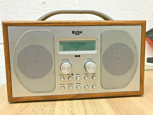 Bush Portable DAB FM Radio Bluetooth Digital LCD Mains Battery Alarm Silver Wood