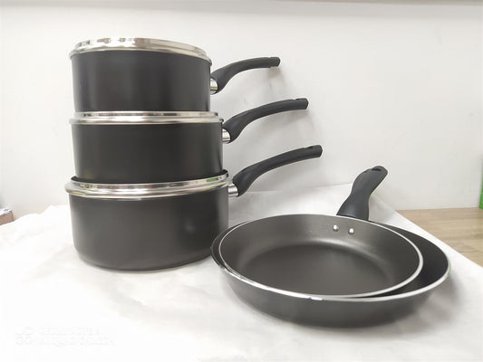 Home 5 Piece Pan Set Aluminium Non Stick Sauce & Frying Pans with lids Black