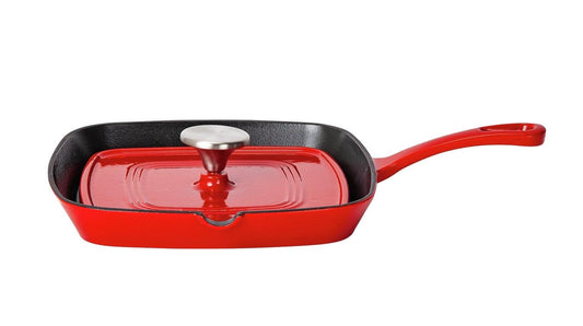 Home 23cm Cast Iron Griddle Pan Skillet Grill Bar Lid Kitchen Oven Cookware Red