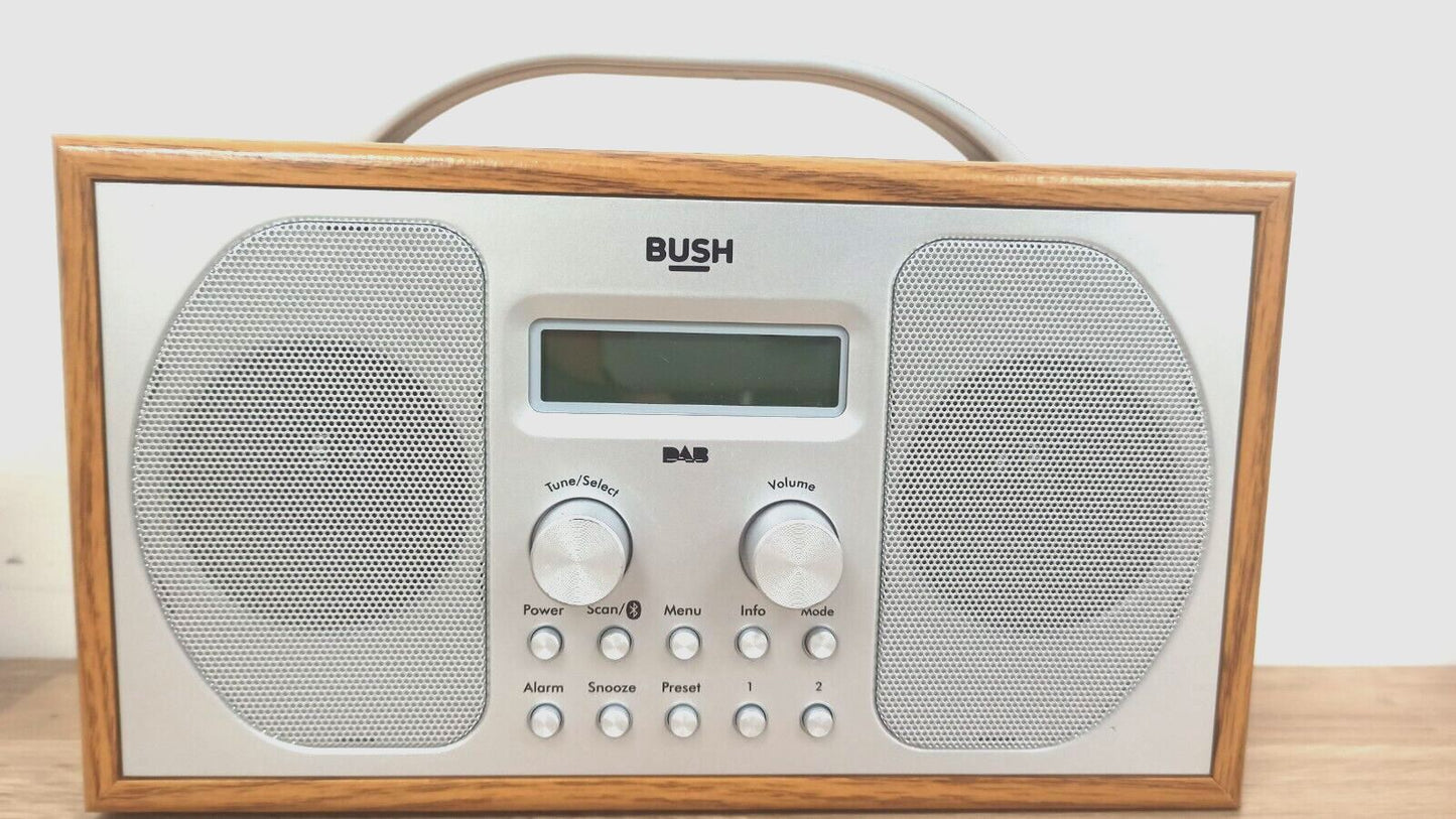 Bush Portable DAB FM Radio Bluetooth Digital LCD Mains Battery Alarm Silver Wood