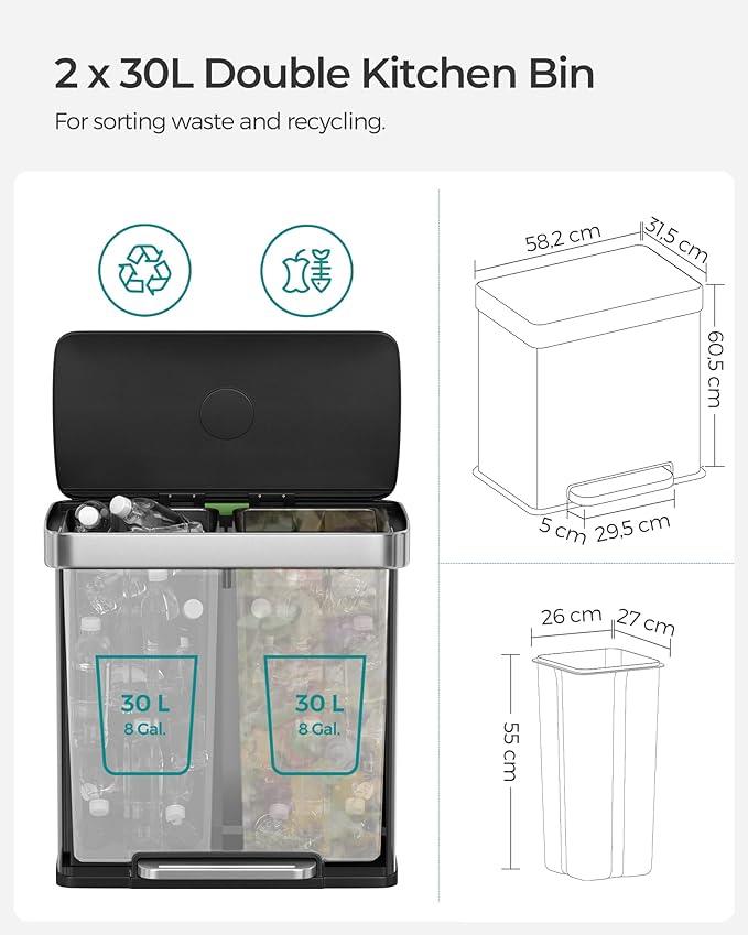 SONGMICS Pedal Bin 2 x 30L Recycling Plastic Inner Buckets Soft Closure